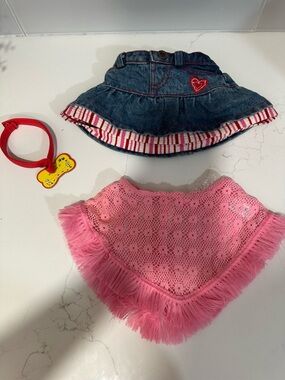 Build a Bear Clothing Pink Knit Shawl With Fringe Crochet Jeans Skirt And Tag